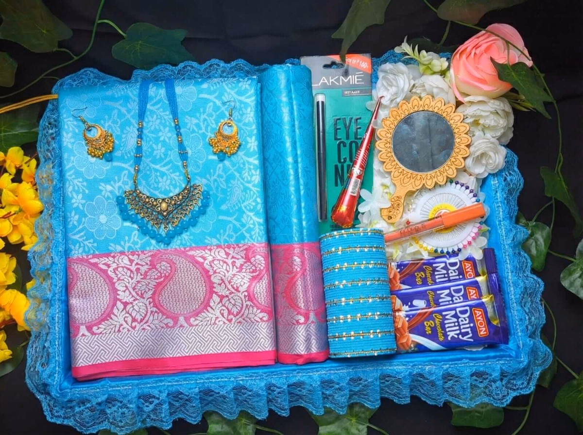 kanchi katan skay blue saree combo — image 4