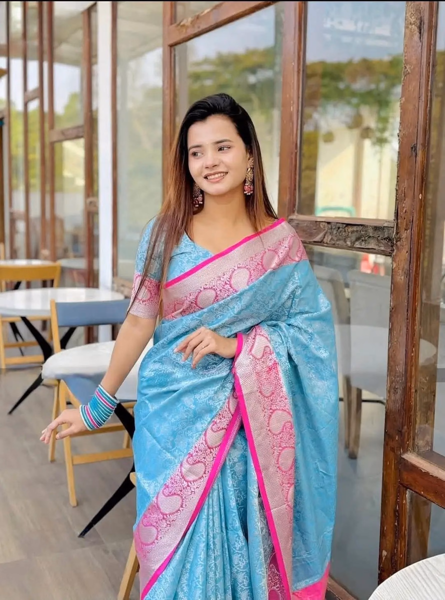 kanchi katan skay blue saree combo — image 5