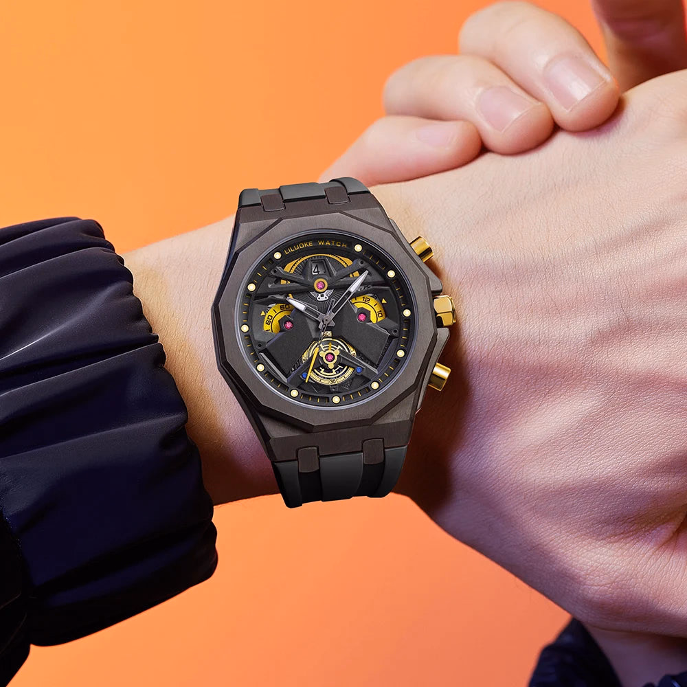 LILUOKE Man Wristwatch Quartz Watch Stainless Steel Case Silicone Strap Waterproof Fashion Watches for Men Sport Watch — image 6