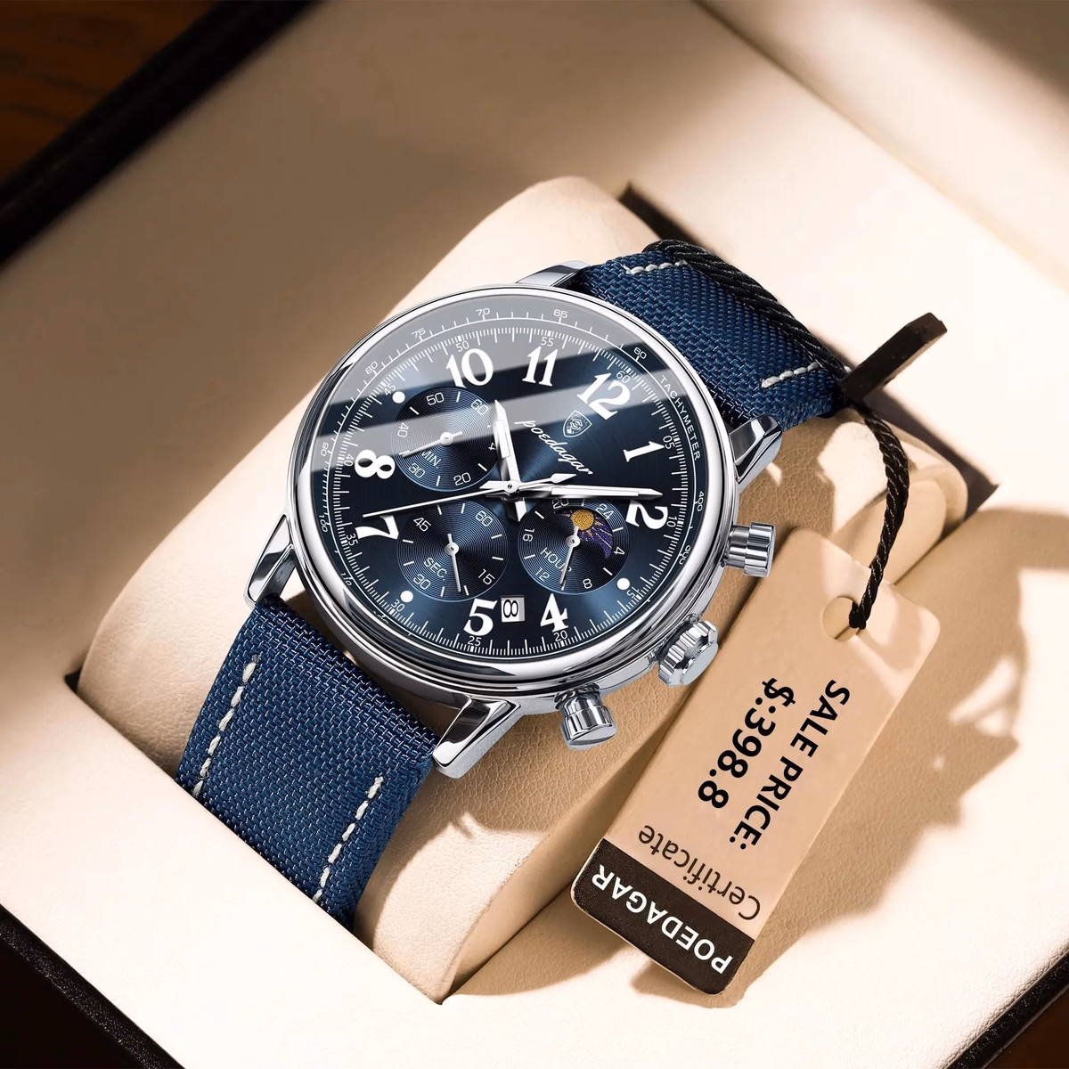 Luxury Silver Blue Quartz Chronograph Watch for Men