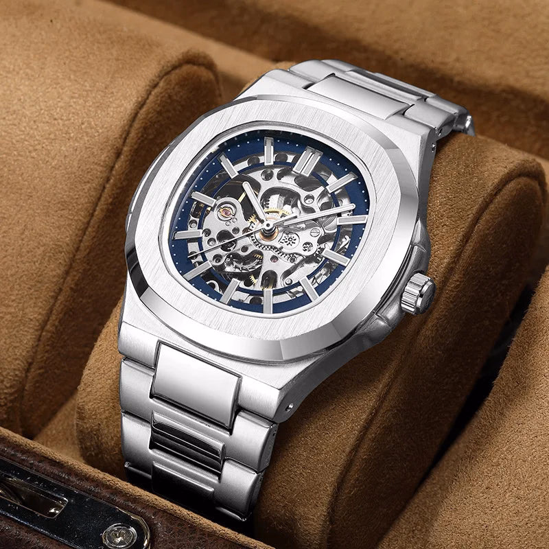 Luxury Mechanical Watch: Black & Gold Stainless Steel