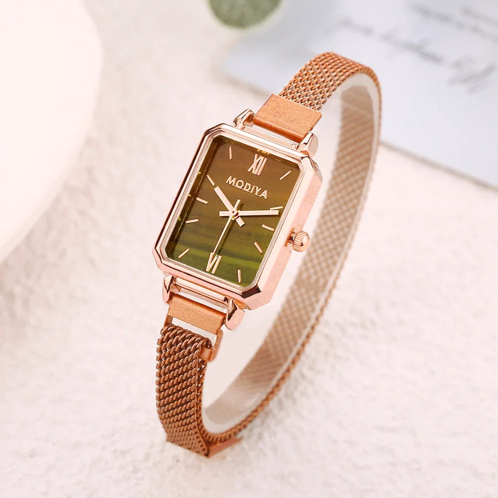 Women's Square Quartz Watch Rose Gold Mesh Strap Green Dial — image 8