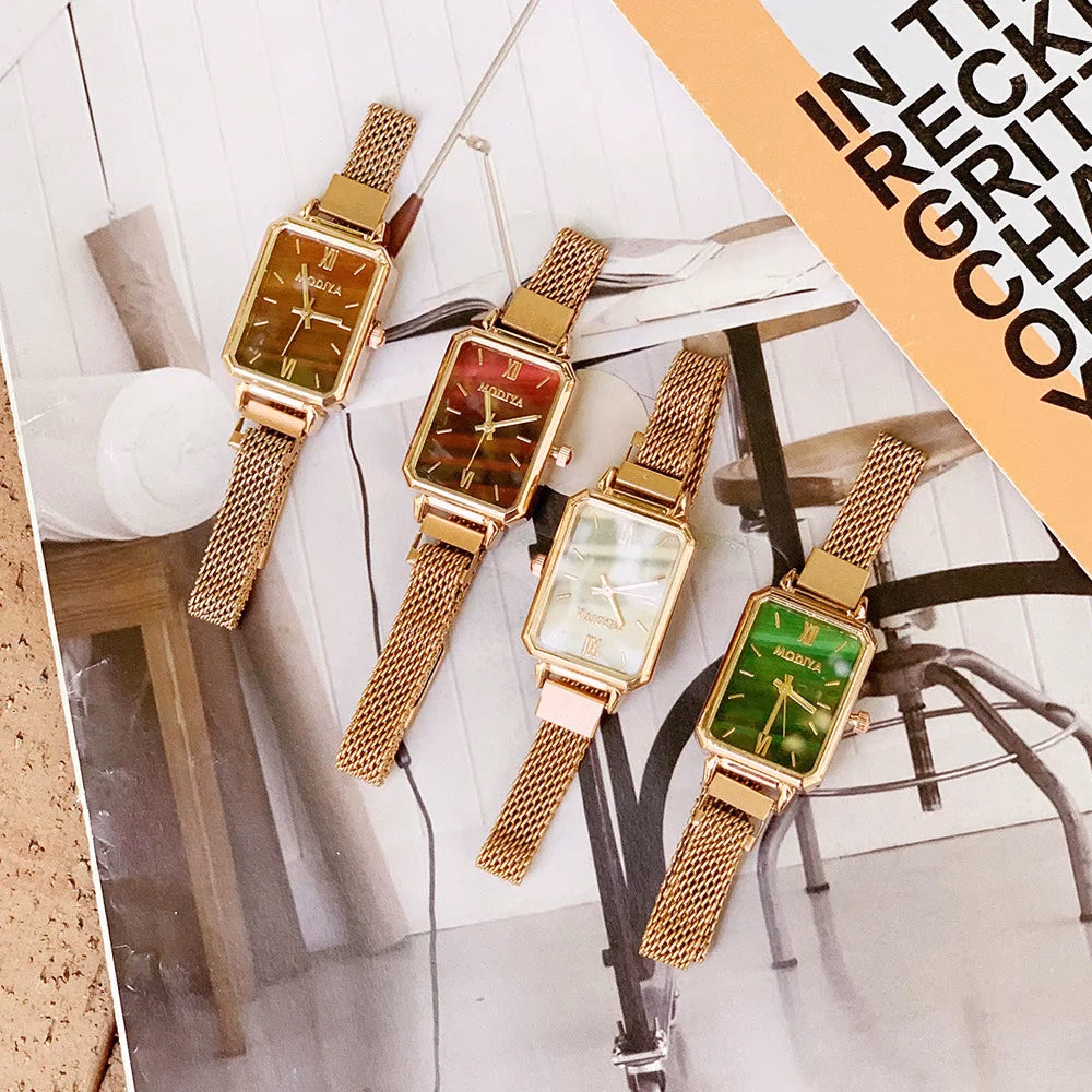 Women's Square Quartz Watch Rose Gold Mesh Strap Green Dial — image 6