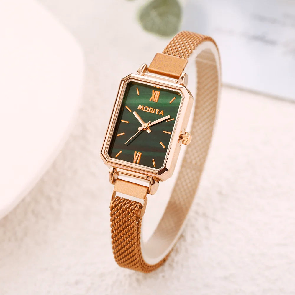 Women's Square Quartz Watch Rose Gold Mesh Strap Green Dial — image 7