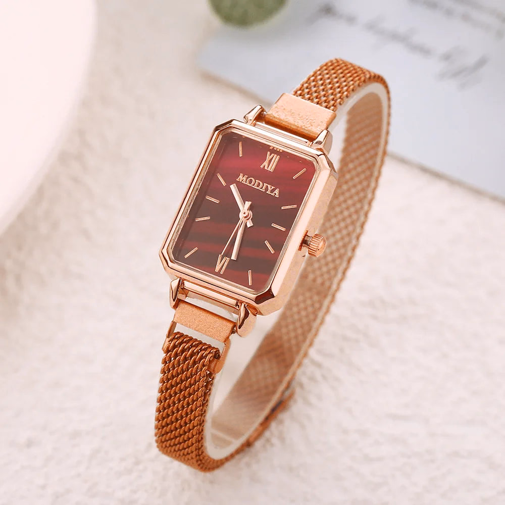 Women's Square Quartz Watch Rose Gold Mesh Strap Green Dial — image 4