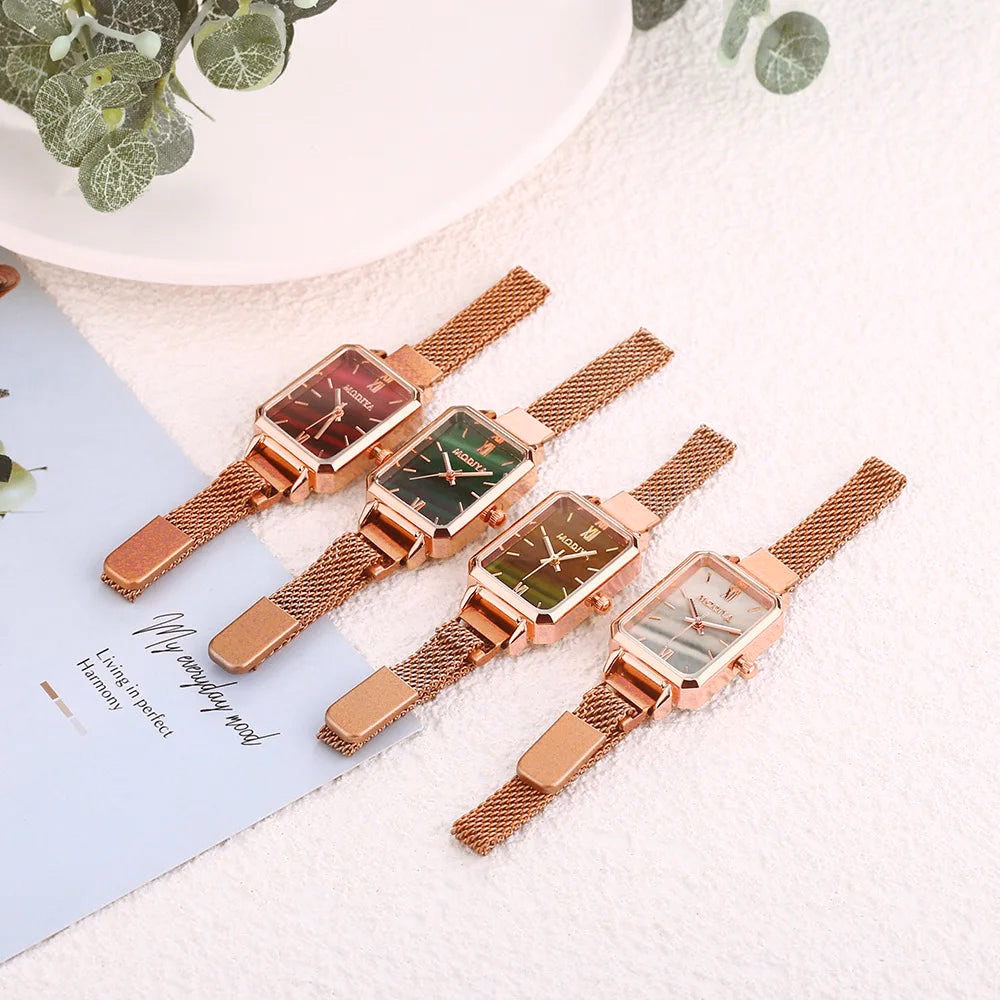 Women's Square Quartz Watch Rose Gold Mesh Strap Green Dial — image 5