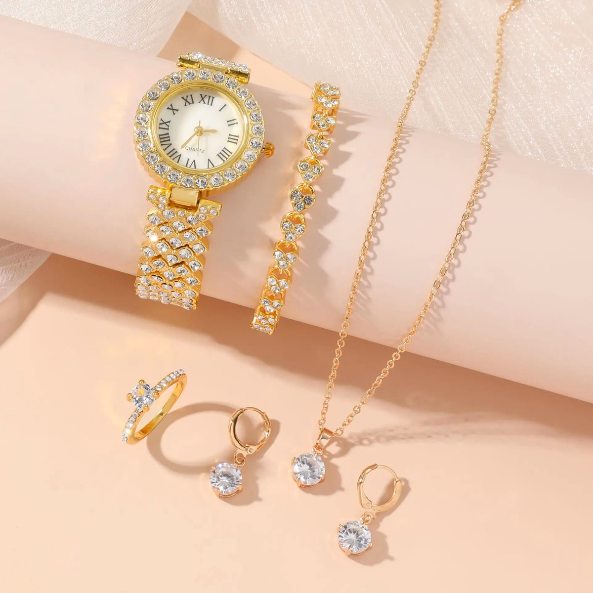 Elegant Women's Watch & Jewelry Set with Necklace, Bracelet, Earrings