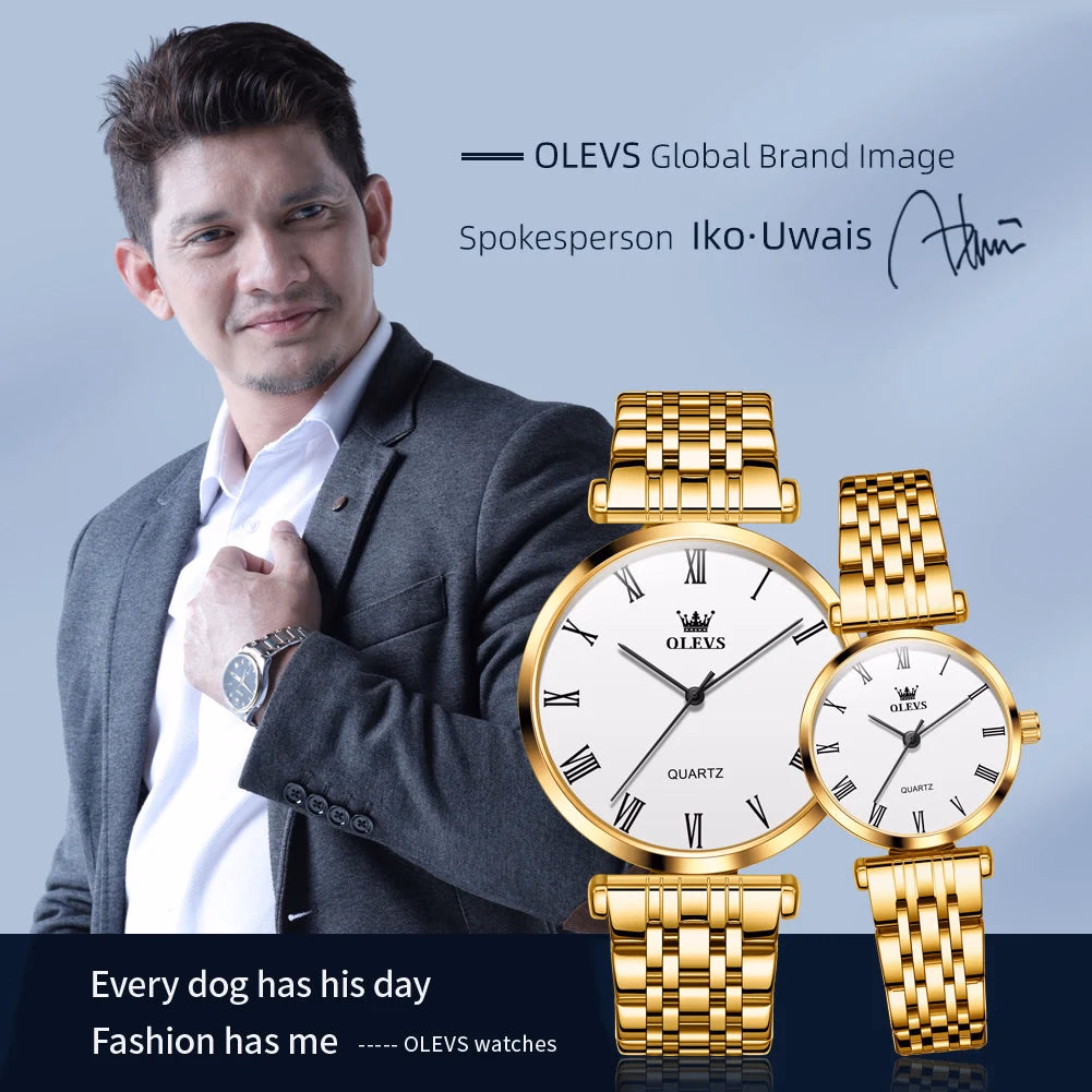 OLEVS Gold Stainless Steel Quartz Couple Watches — image 6