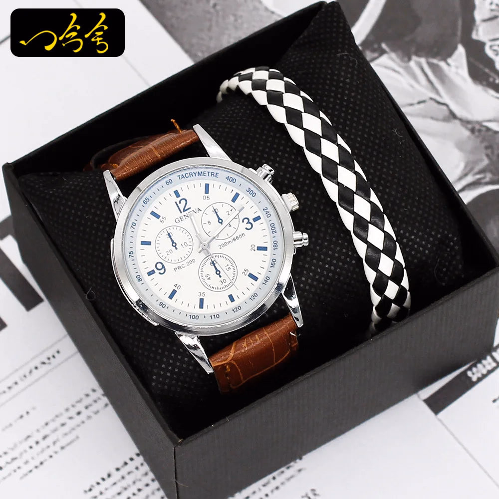 Men's Quartz Watch & Bracelet Gift Set with Leather Strap — image 4
