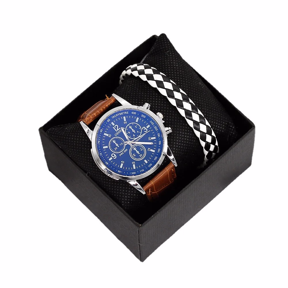 Men's Quartz Watch & Bracelet Gift Set with Leather Strap — image 5