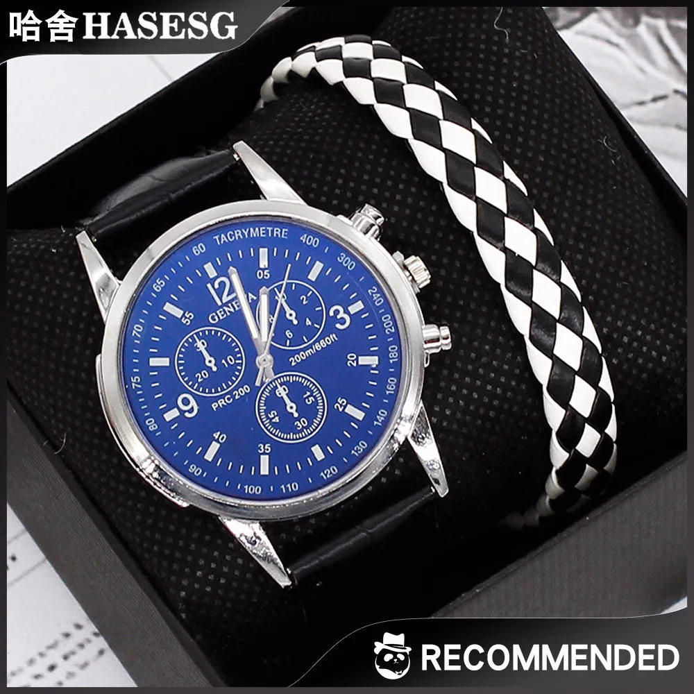 Men's Quartz Watch & Bracelet Gift Set with Leather Strap — image 2