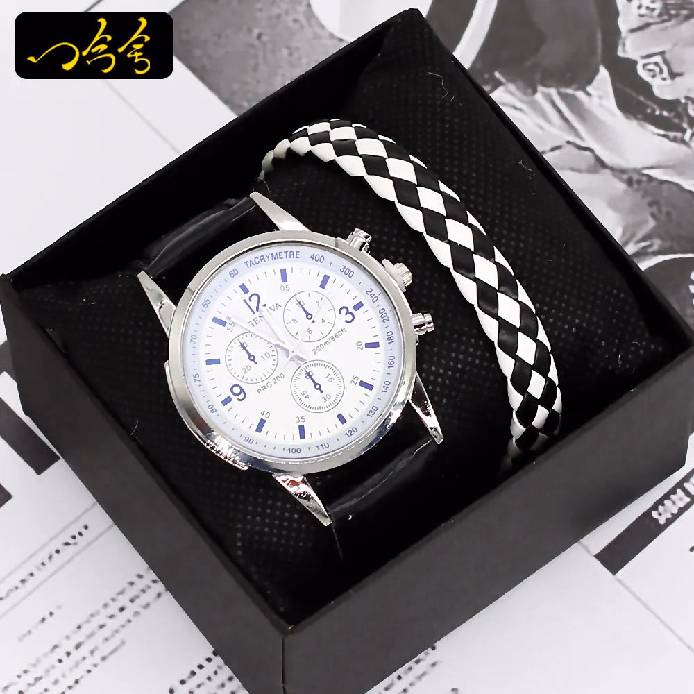 Men's Quartz Watch & Bracelet Gift Set with Leather Strap — image 3
