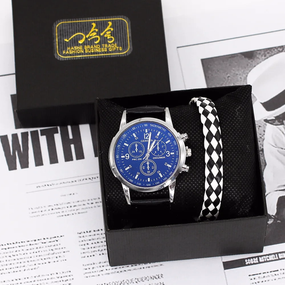 Men's Quartz Watch & Bracelet Gift Set with Leather Strap