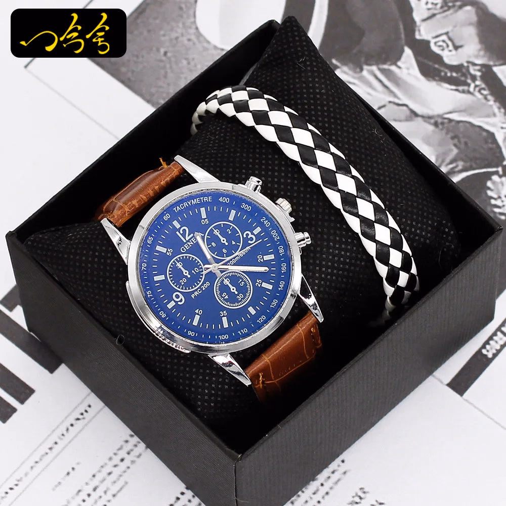 Men's Quartz Watch & Bracelet Gift Set with Leather Strap — image 6