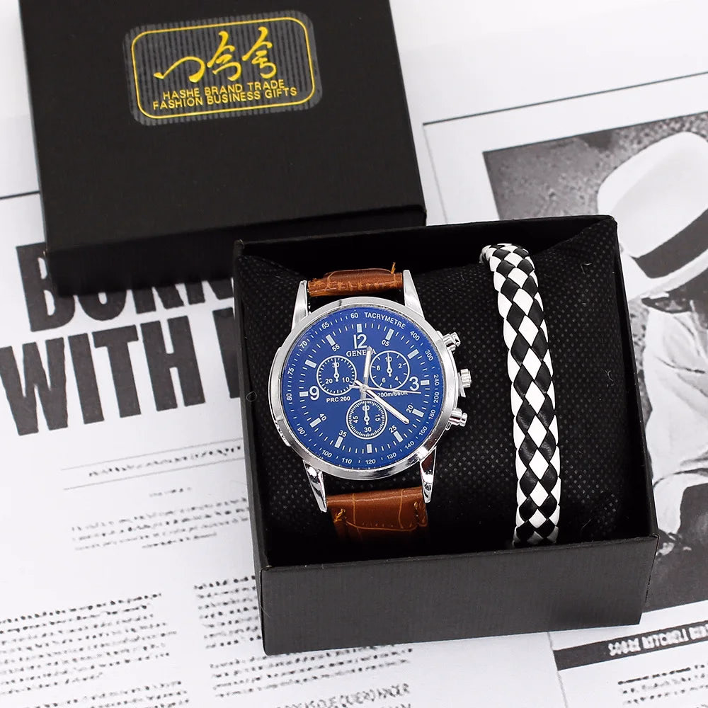 Men's Quartz Watch & Bracelet Gift Set with Leather Strap — image 9