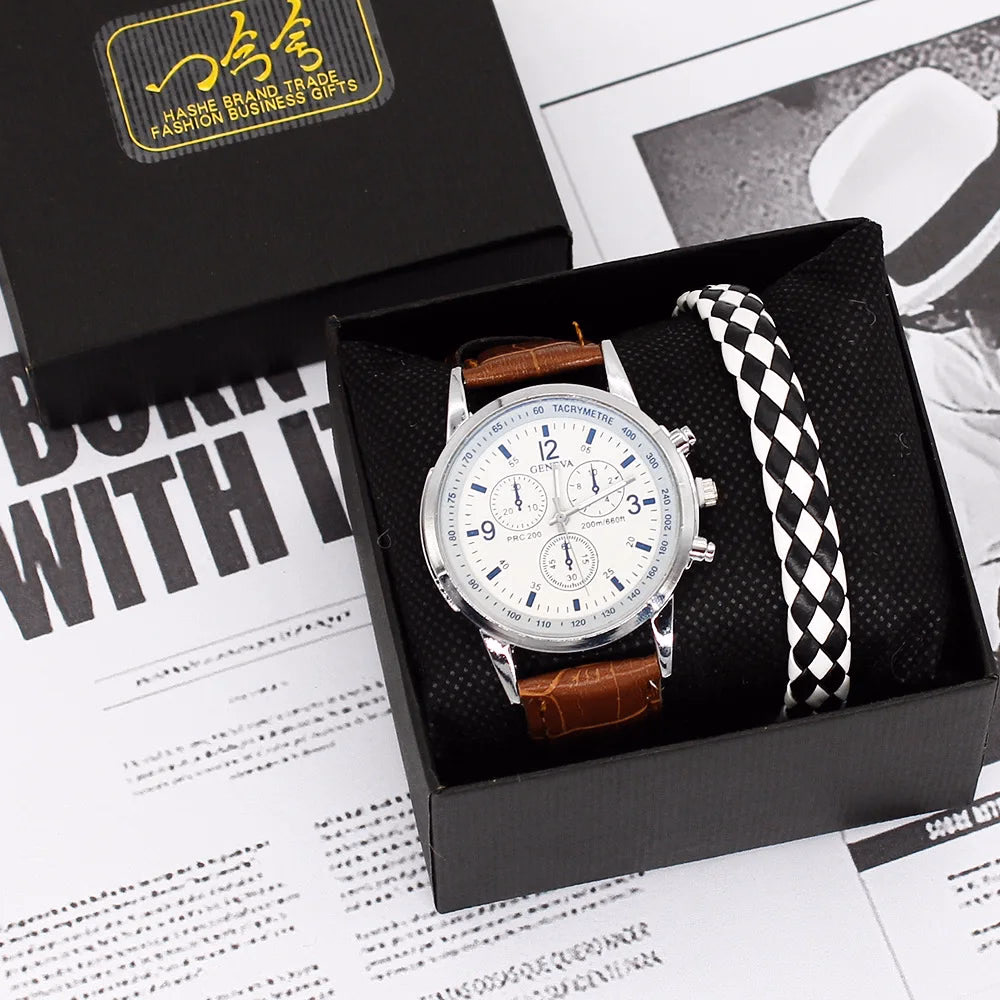 Men's Quartz Watch & Bracelet Gift Set with Leather Strap — image 10