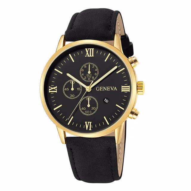 Men's Quartz Sports Watch with Leather Strap and Calendar
