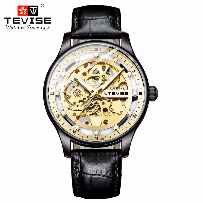 TEVISE Leather Strap Automatic Skeleton Watch — image 8