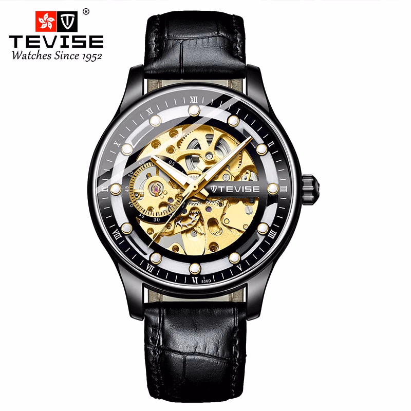TEVISE Leather Strap Automatic Skeleton Watch — image 7