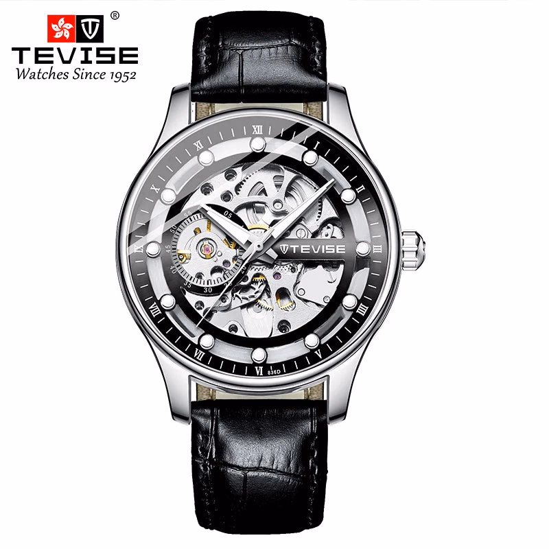 TEVISE Leather Strap Automatic Skeleton Watch — image 5