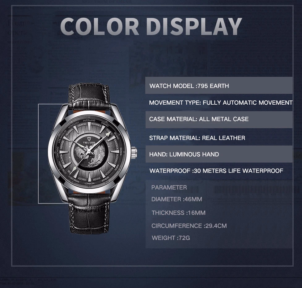 TEVISE 795 Men's Blue Leather Automatic Sport Watch — image 6
