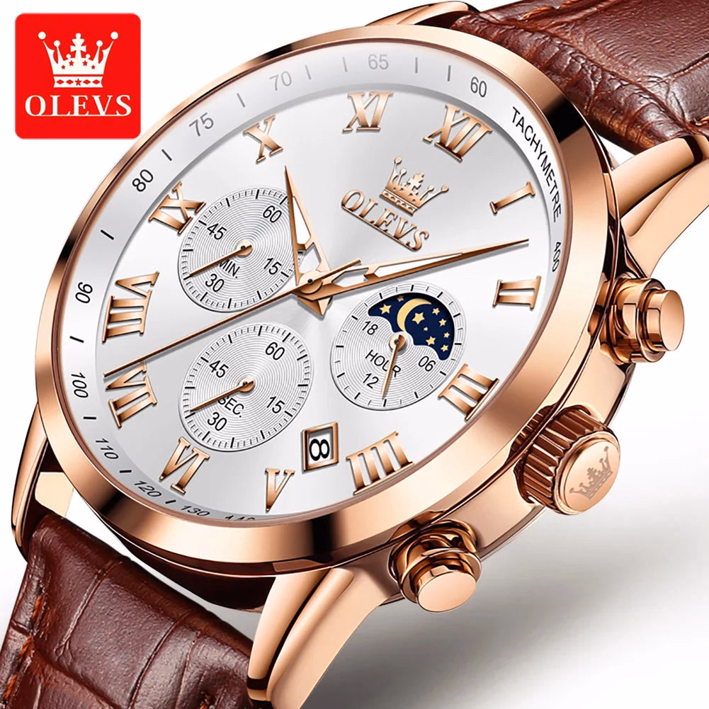 OLEVS Men's Fashion Sports Quartz Watch with Leather Strap