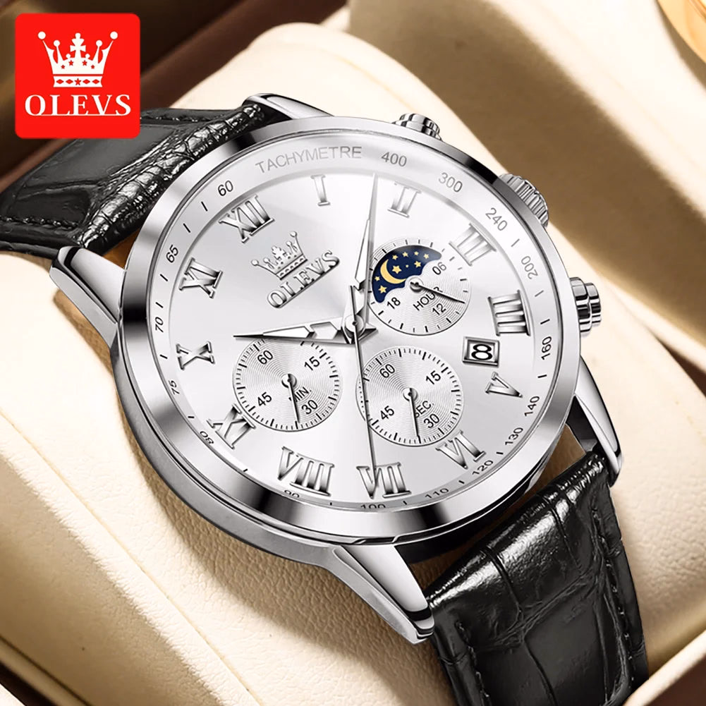 OLEVS Men's Fashion Sports Quartz Watch with Leather Strap — image 4