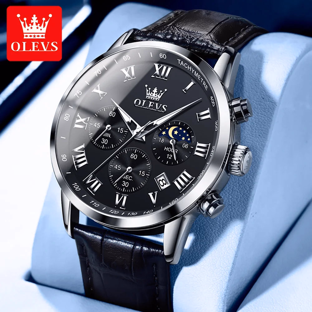 OLEVS Men's Fashion Sports Quartz Watch with Leather Strap — image 2