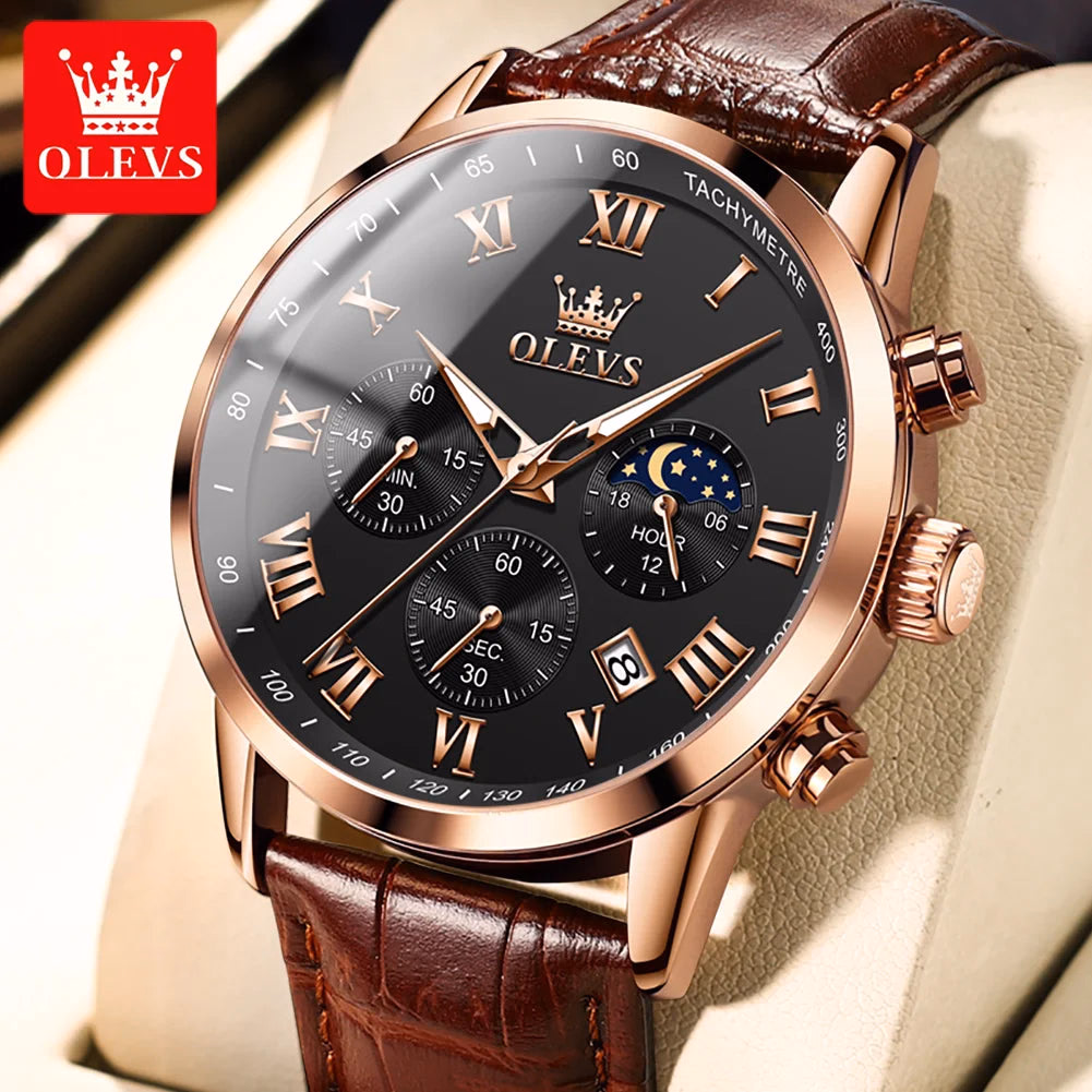 OLEVS Men's Fashion Sports Quartz Watch with Leather Strap — image 3