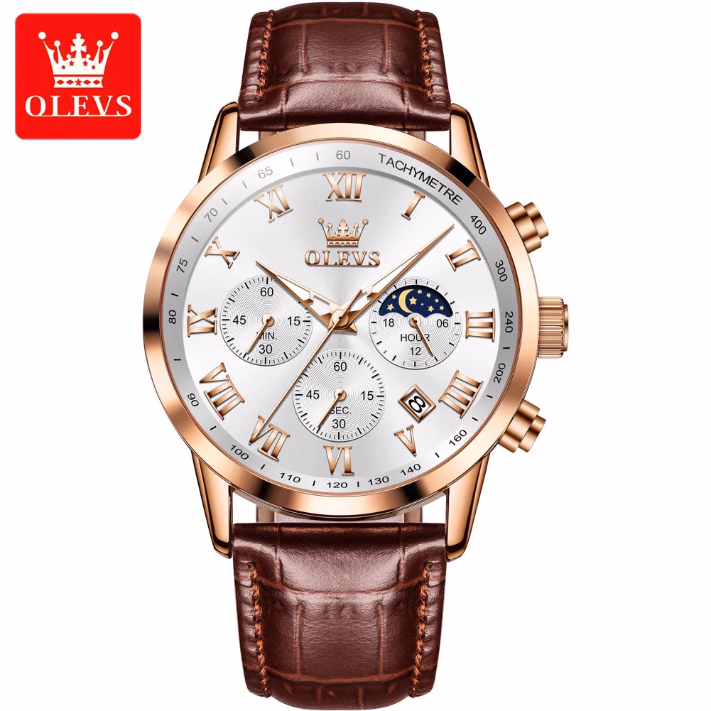 OLEVS Men's Fashion Sports Quartz Watch with Leather Strap — image 9