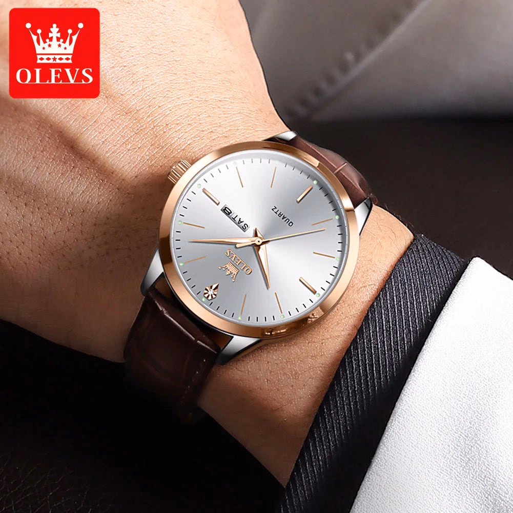 OLEVS Luxury Men's Quartz Watch with Leather Strap and Calendar — image 3
