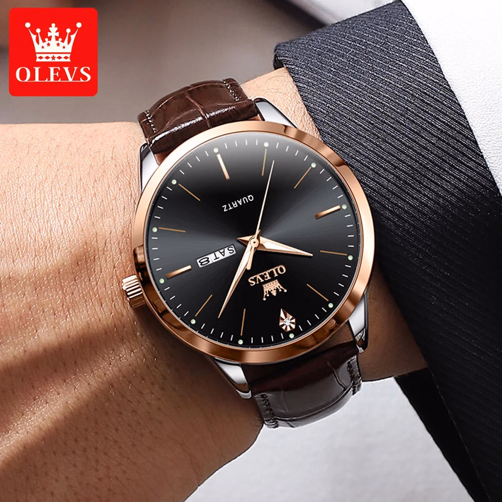 OLEVS Luxury Men's Quartz Watch with Leather Strap and Calendar — image 4