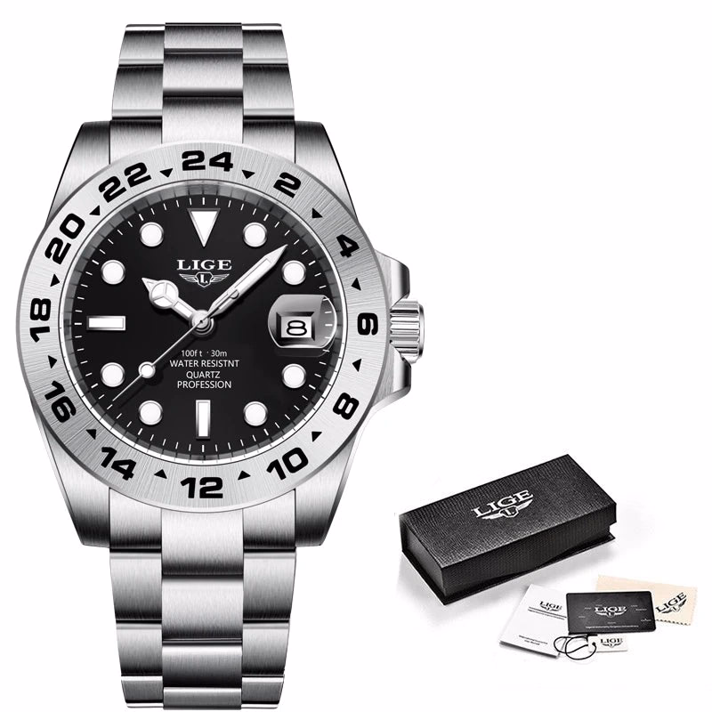 LIGE Men's Waterproof Stainless Steel Quartz Watch with Date & Luminous Hands — image 8