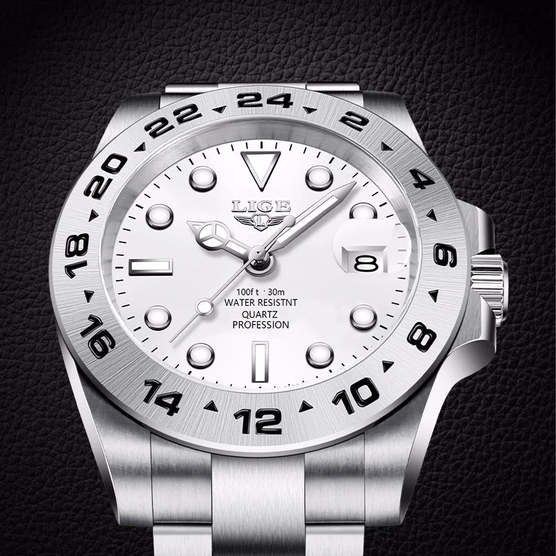LIGE Men's Waterproof Stainless Steel Quartz Watch with Date & Luminous Hands — image 2
