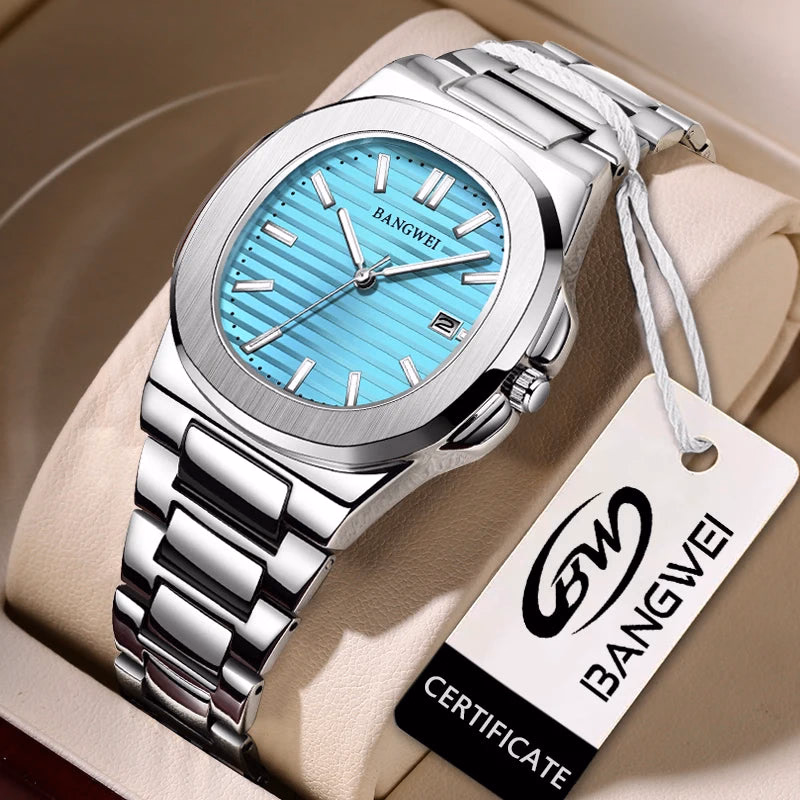 LIGE Men's Green Square Quartz Watch Waterproof Stainless Steel