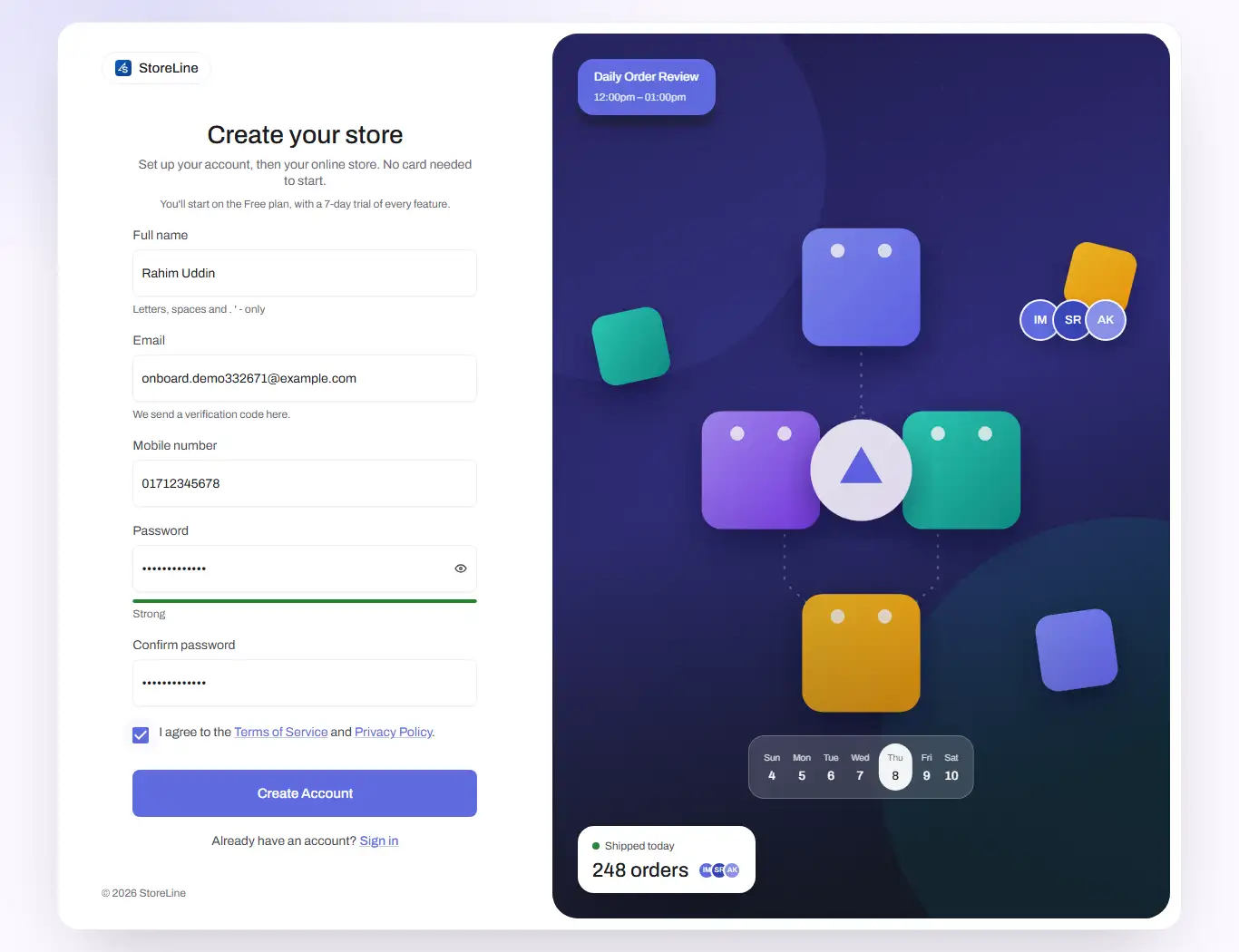 The Create your store form, filled in