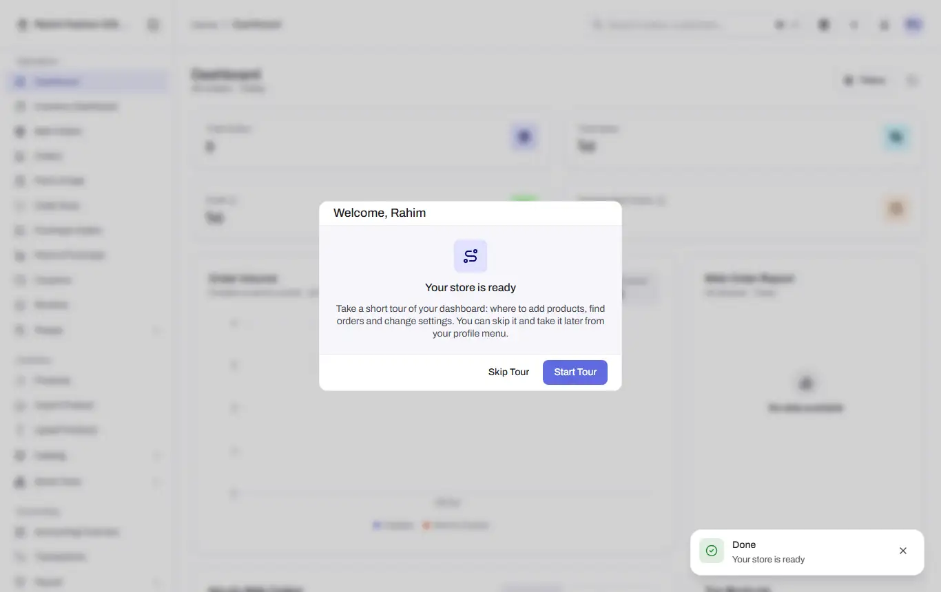 The dashboard with the Your store is ready welcome