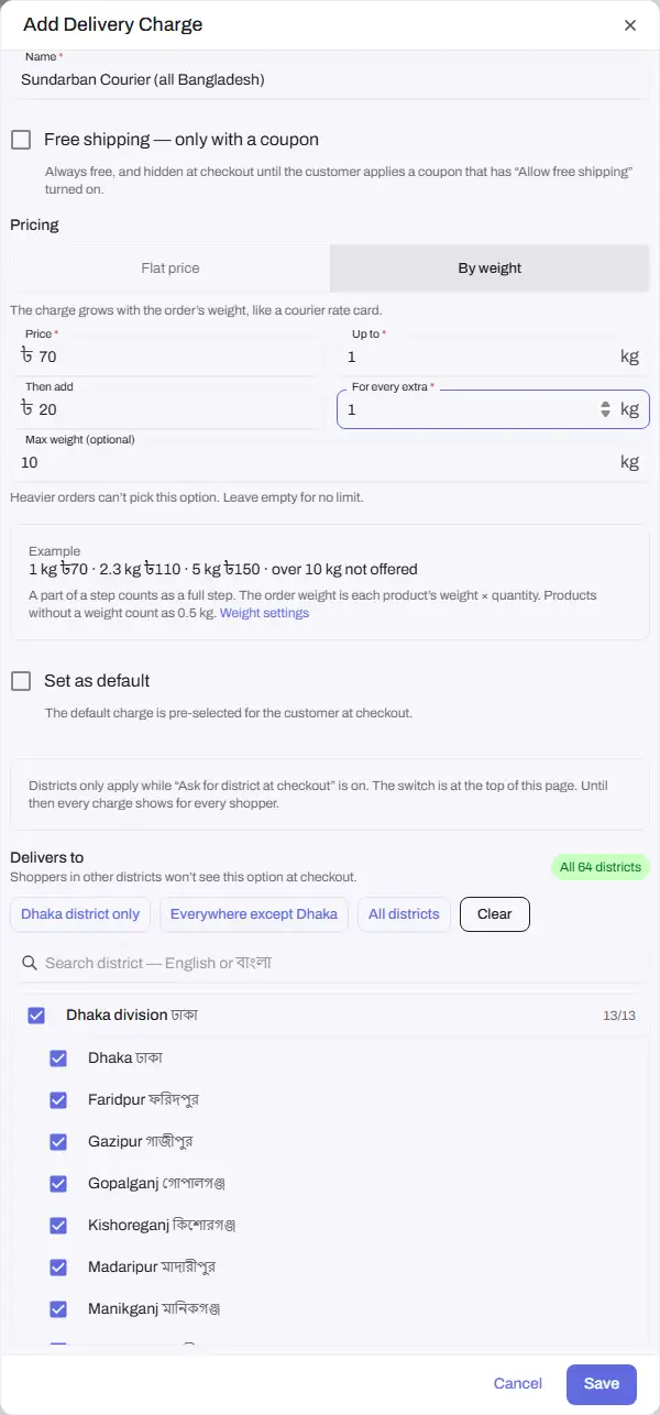delivery charges add by weight