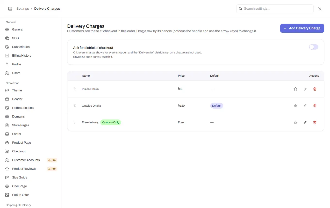 delivery charges list