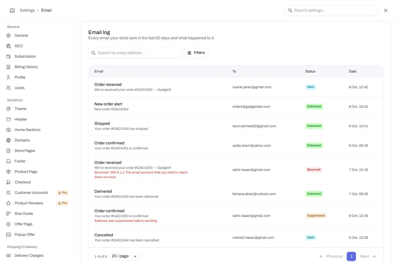 email settings email log