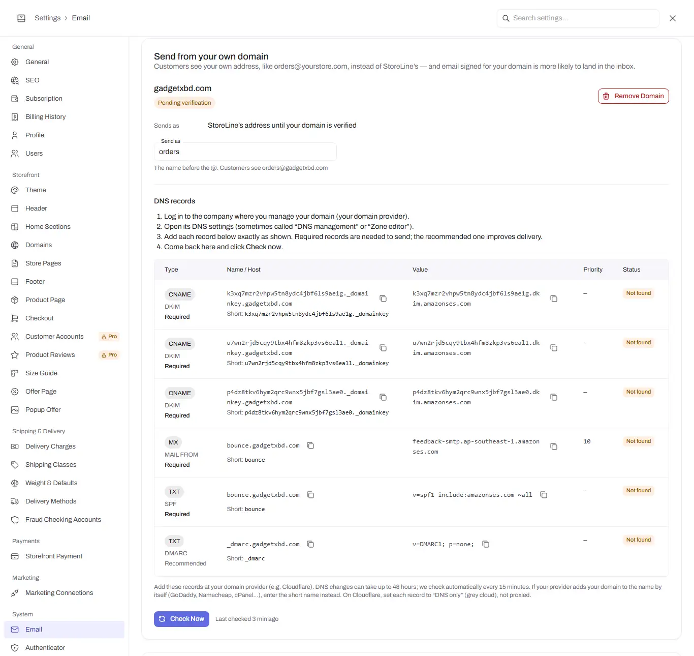 email settings own domain records
