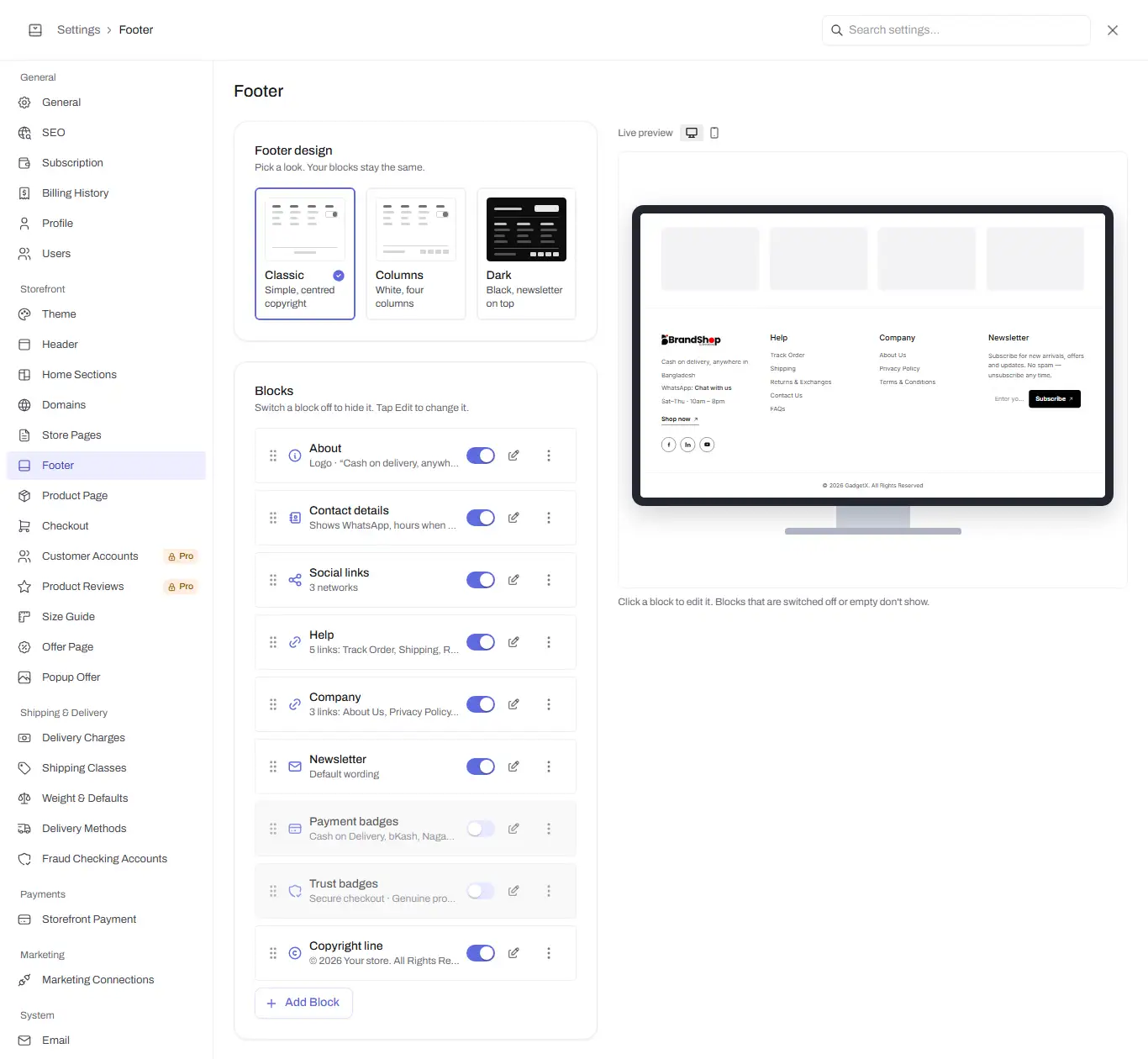 footer settings blocks