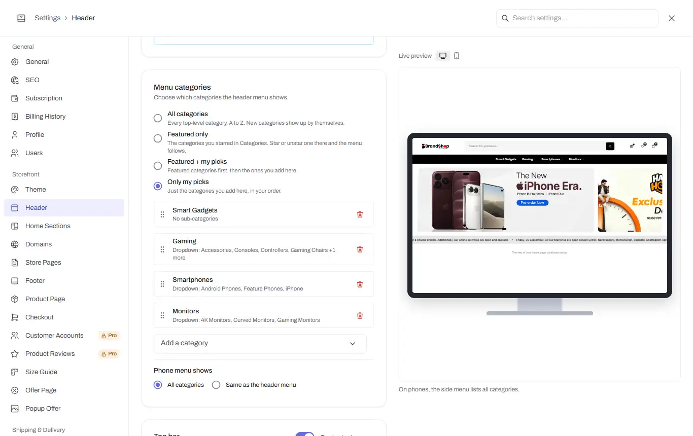 header settings menu categories