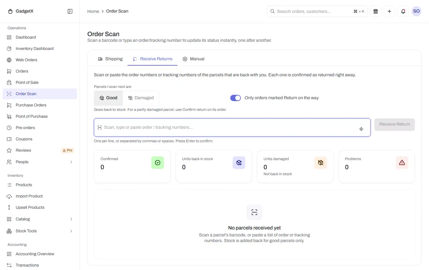 order scan receive returns tab