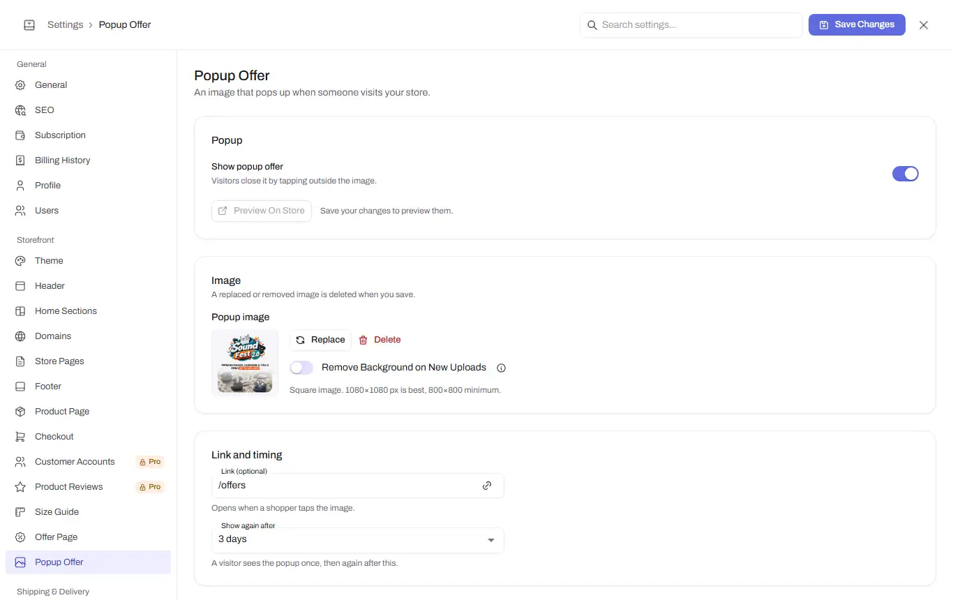 popup offer settings image and timing