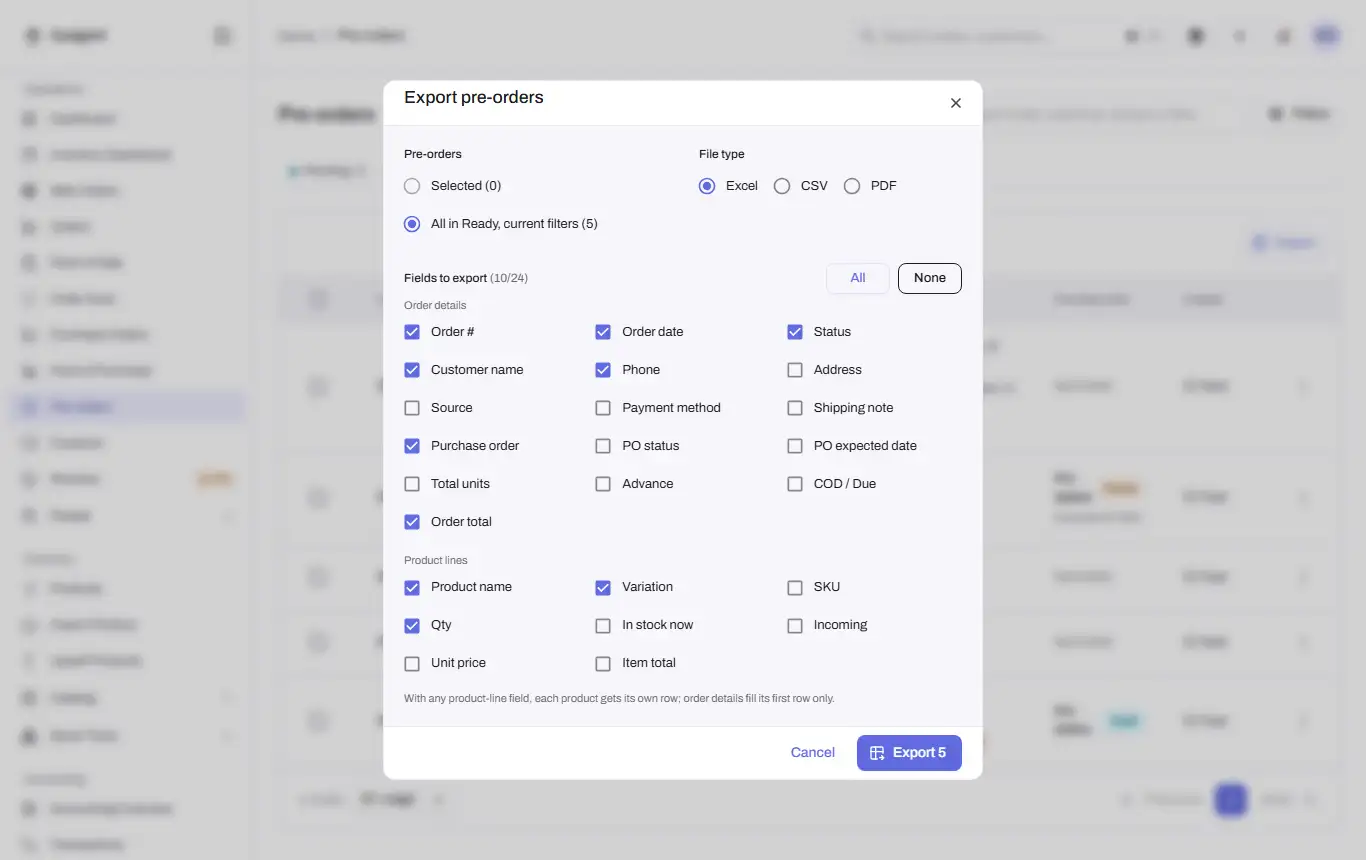 preorders export dialog