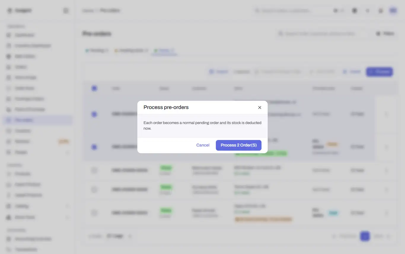 preorders process dialog