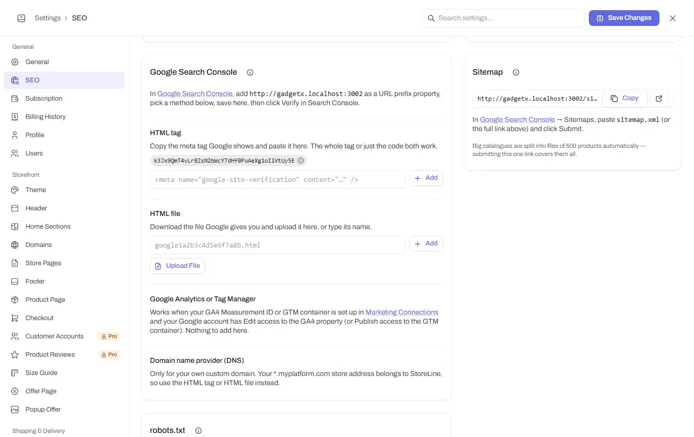 seo settings search console sitemap