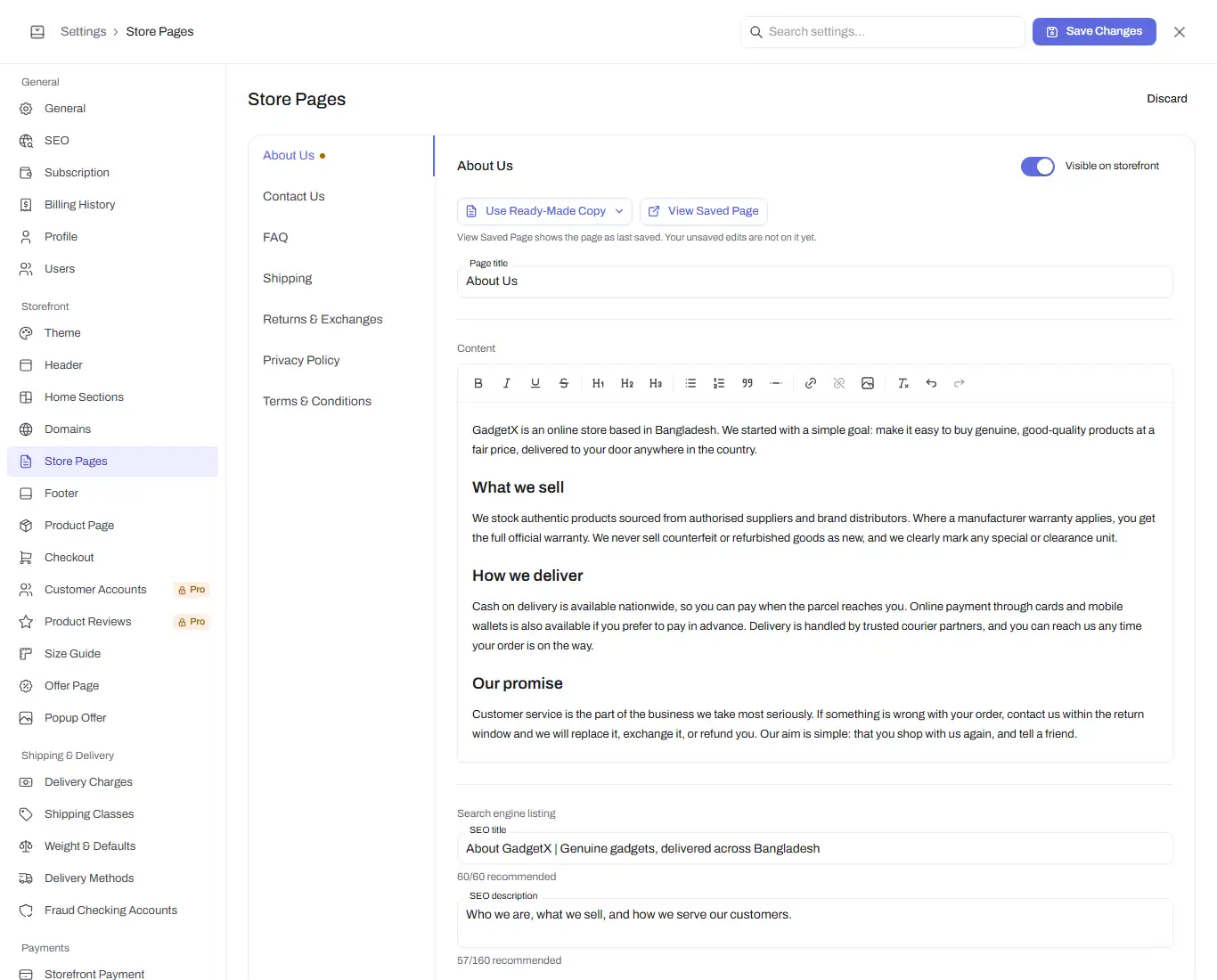 store pages editor about