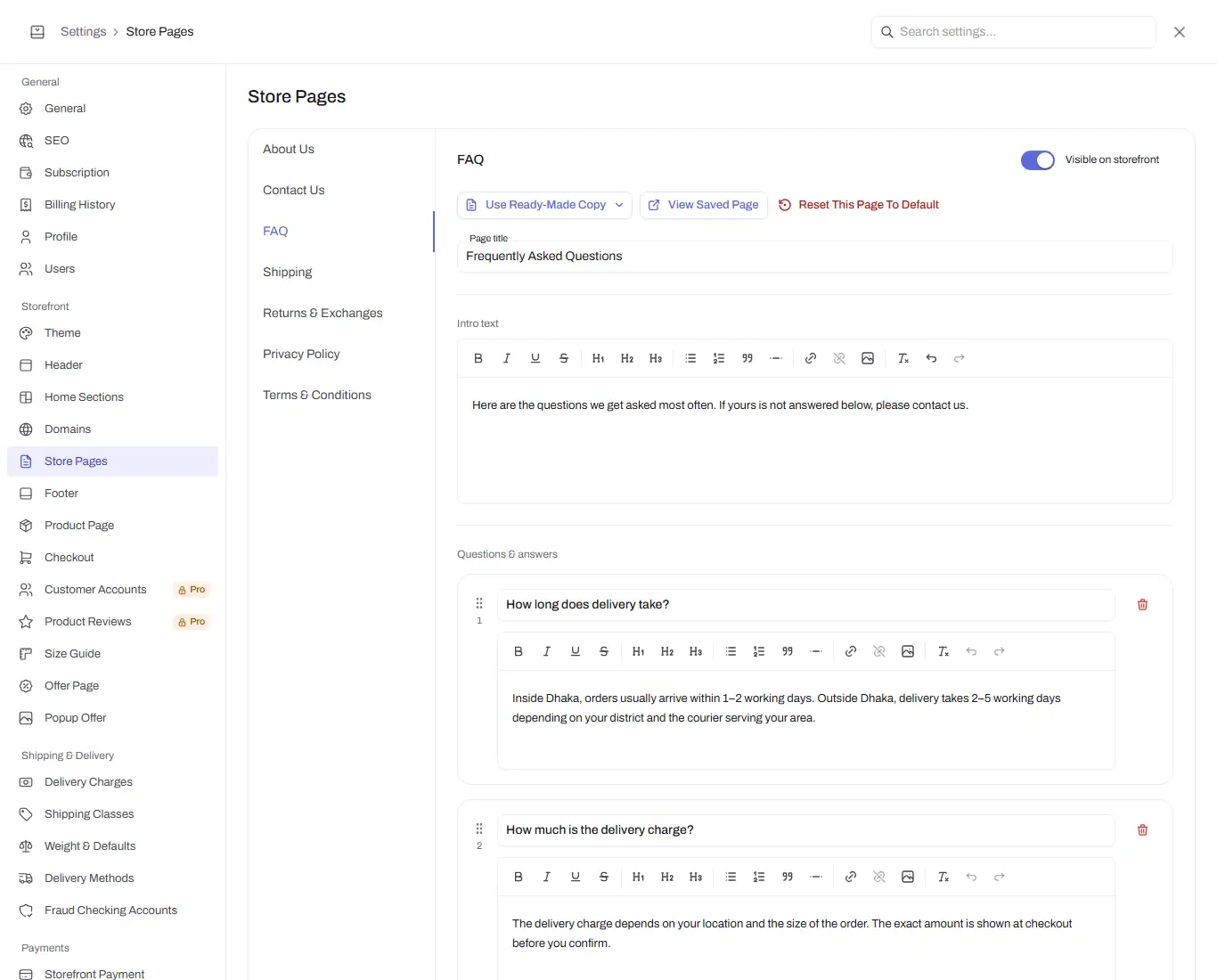 store pages faq editor